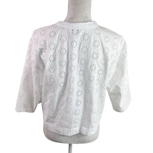 Madewell Women's S Boxy Wide Sleeve Embroidered Eyelet Tee White Crew NWT - Picture 3 of 13